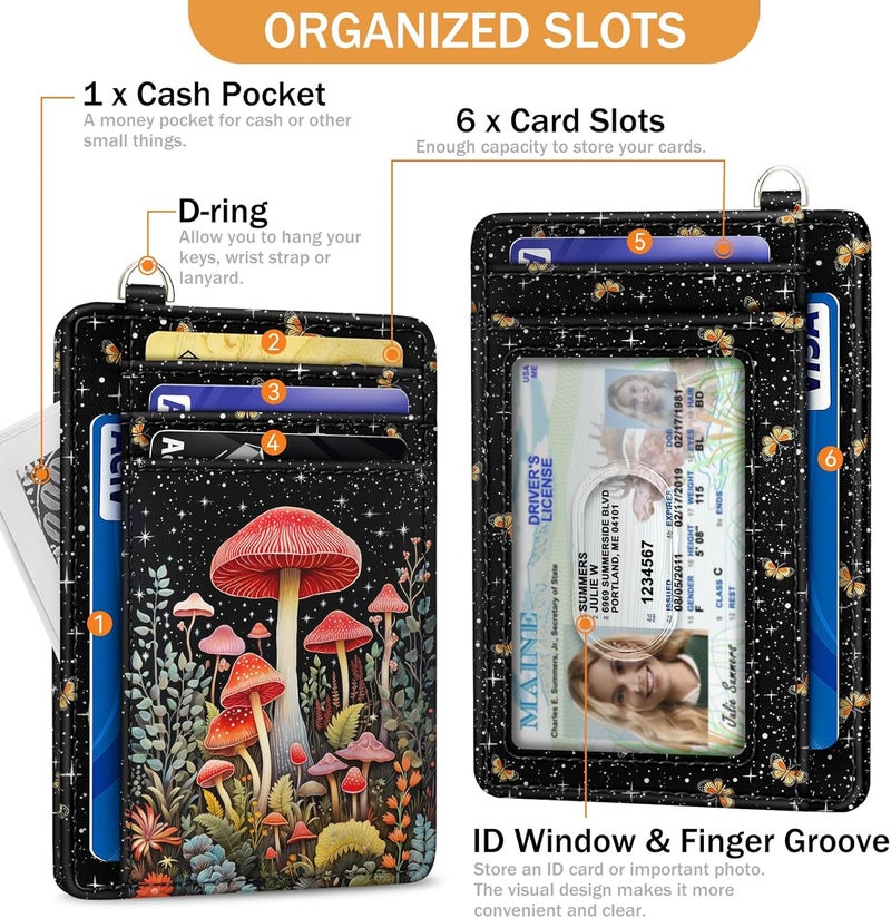 Yonlevres Mushroom Credit Card Holder Slim Wallet, RFID Wallet Women Front Pocket Small Card Holder, Travel Funny Cute Thin Card Case with ID Window PU Leather RFID Blocking Card Organizer Gifts Girls - Image 4